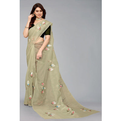 Mehendi Green Hand Printed Organza Saree