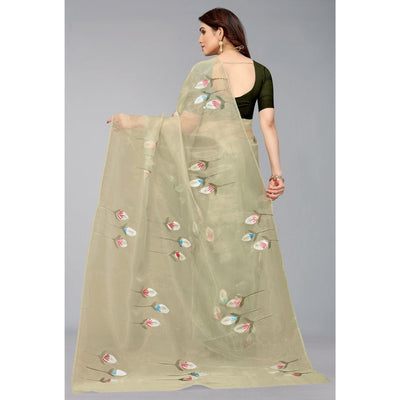 Mehendi Green Hand Printed Organza Saree