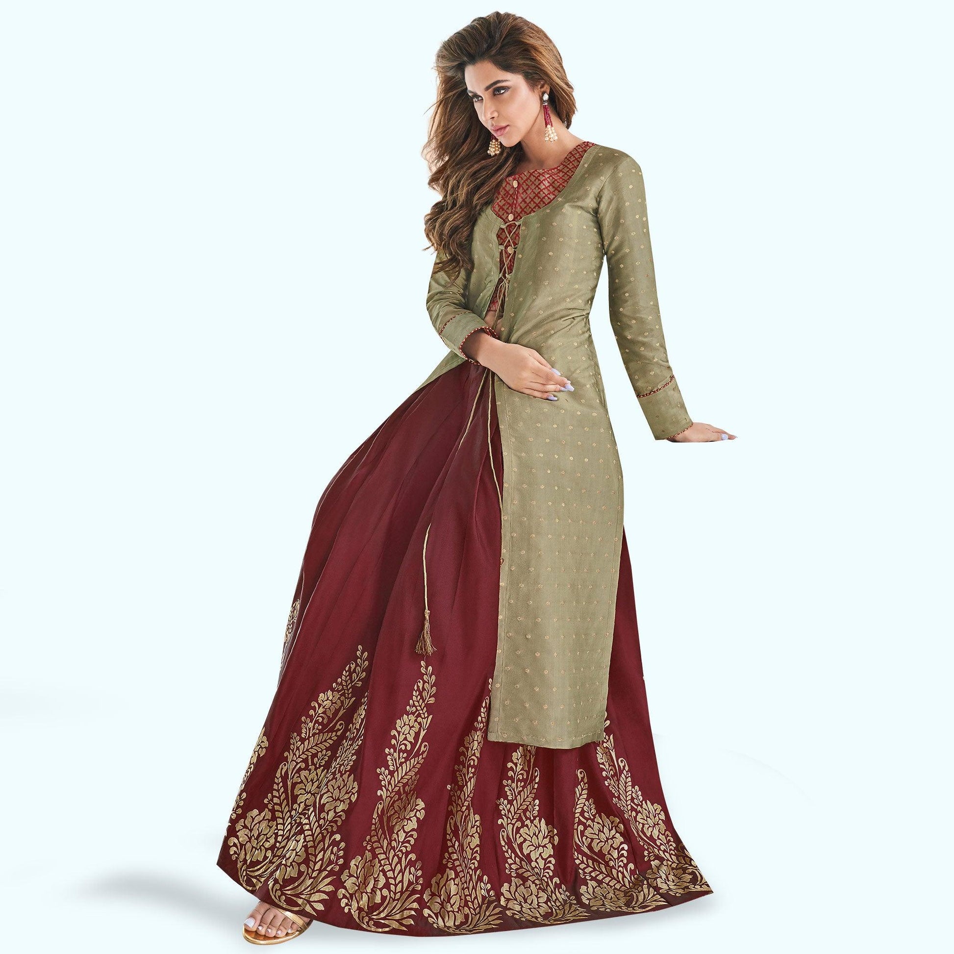 Mehendi Green-Maroon Printed Raw Silk Lehenga Choli With Koti