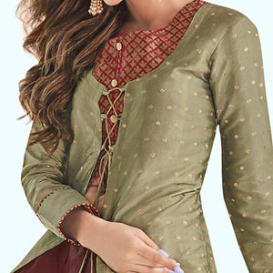 Mehendi Green-Maroon Printed Raw Silk Lehenga Choli With Koti