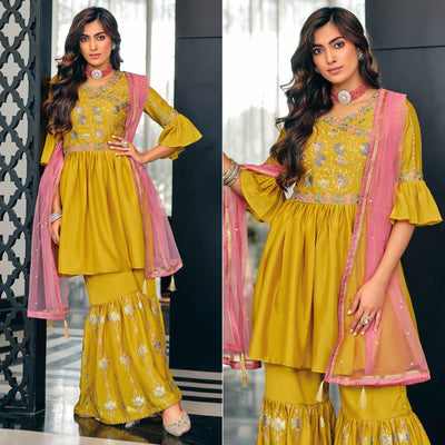 Mehendi Green Party Wear Embroidered Georgette Sharara Suit