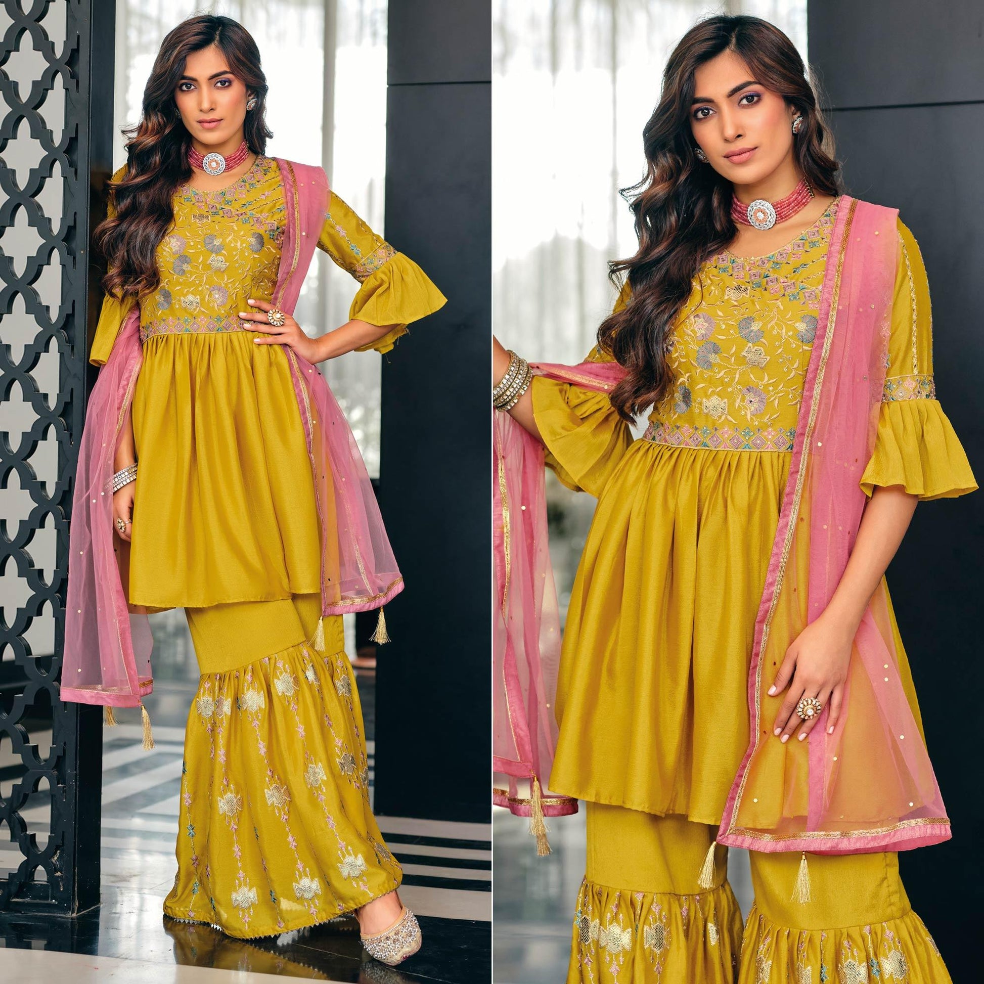 Mehendi Green Party Wear Embroidered Georgette Sharara Suit
