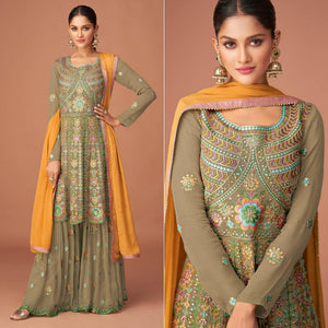Mehendi Green Party Wear Embroidered Georgette Sharara Suit