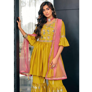 Mehendi Green Party Wear Embroidered Georgette Sharara Suit