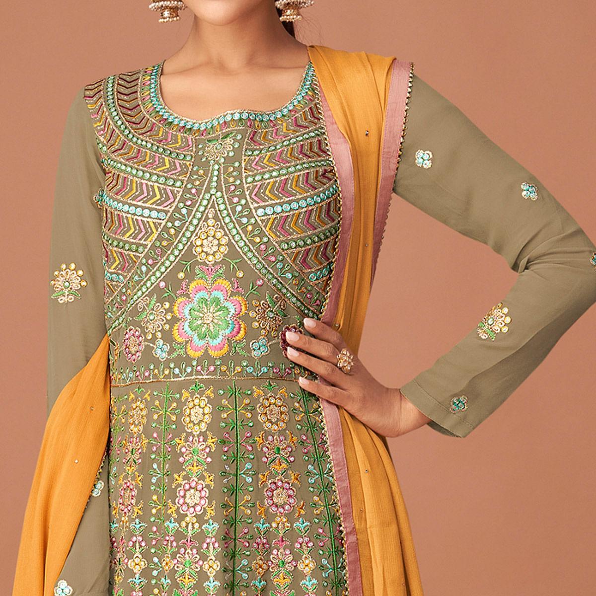 Mehendi Green Party Wear Embroidered Georgette Sharara Suit