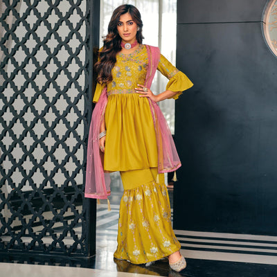 Mehendi Green Party Wear Embroidered Georgette Sharara Suit
