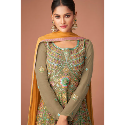Mehendi Green Party Wear Embroidered Georgette Sharara Suit