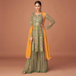 Mehendi Green Party Wear Embroidered Georgette Sharara Suit