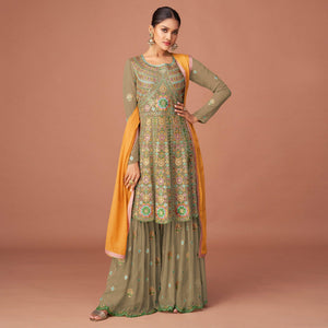 Mehendi Green Party Wear Embroidered Georgette Sharara Suit