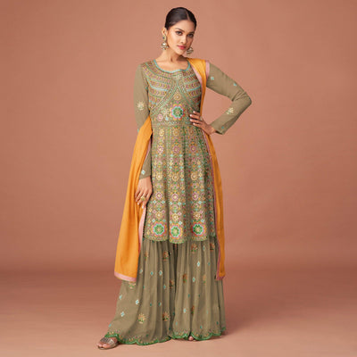 Mehendi Green Party Wear Embroidered Georgette Sharara Suit