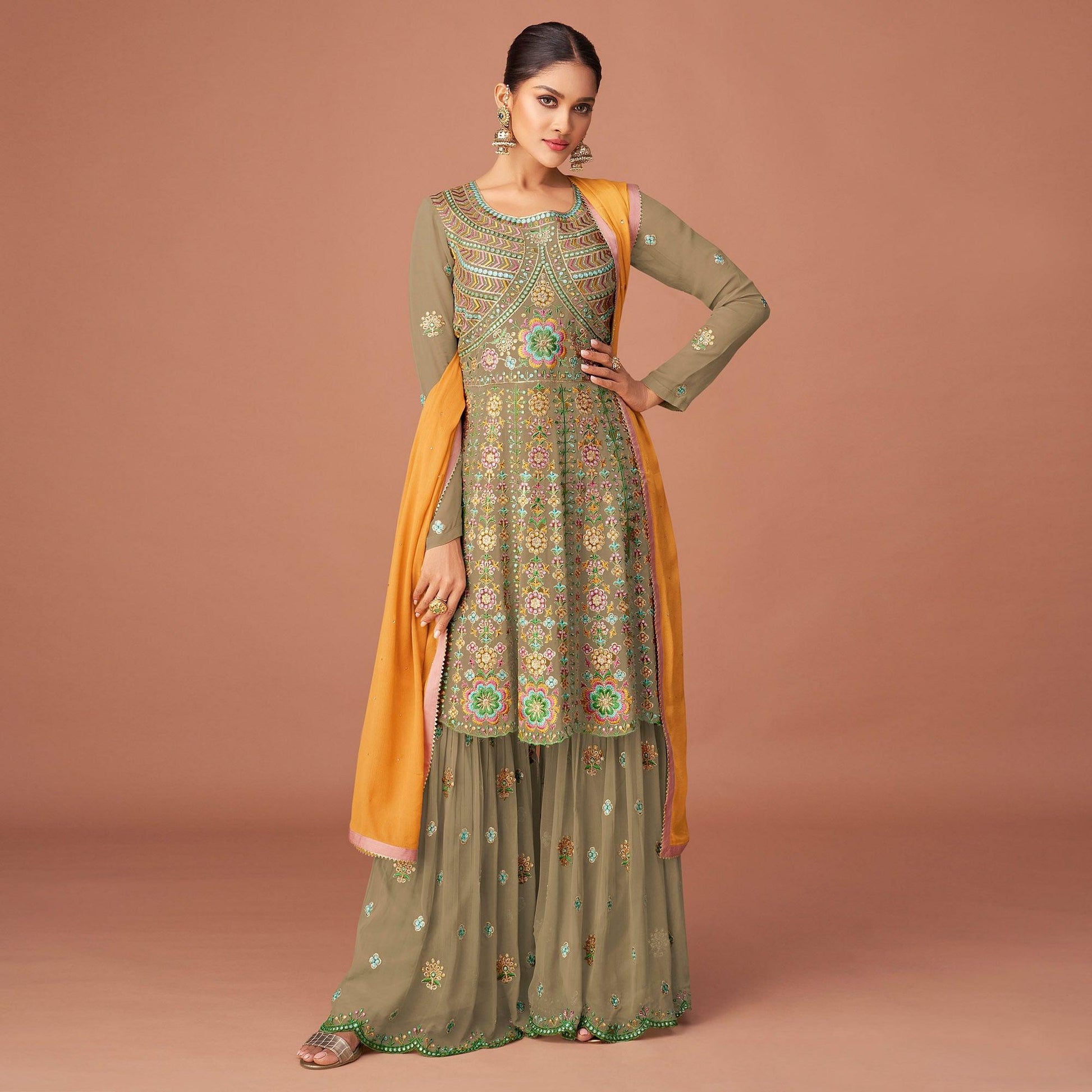 Mehendi Green Party Wear Embroidered Georgette Sharara Suit