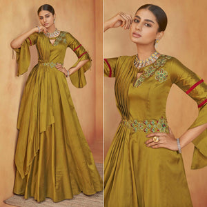 Mehendi Green Party Wear Embroidered Tapetta Gown