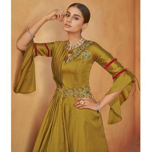 Mehendi Green Party Wear Embroidered Tapetta Gown