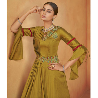 Mehendi Green Party Wear Embroidered Tapetta Gown