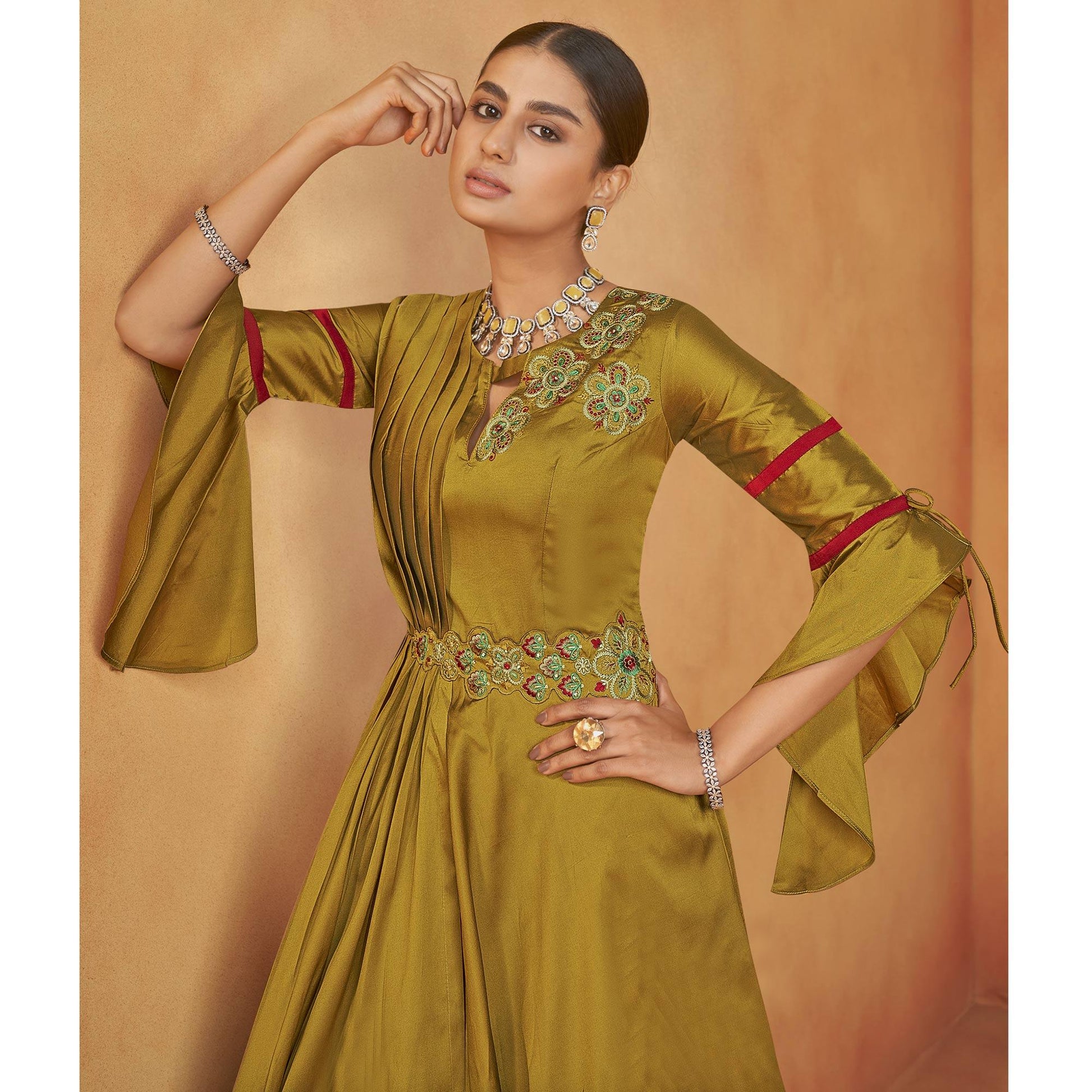 Mehendi Green Party Wear Embroidered Tapetta Gown