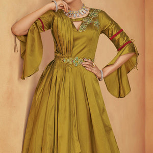 Mehendi Green Party Wear Embroidered Tapetta Gown