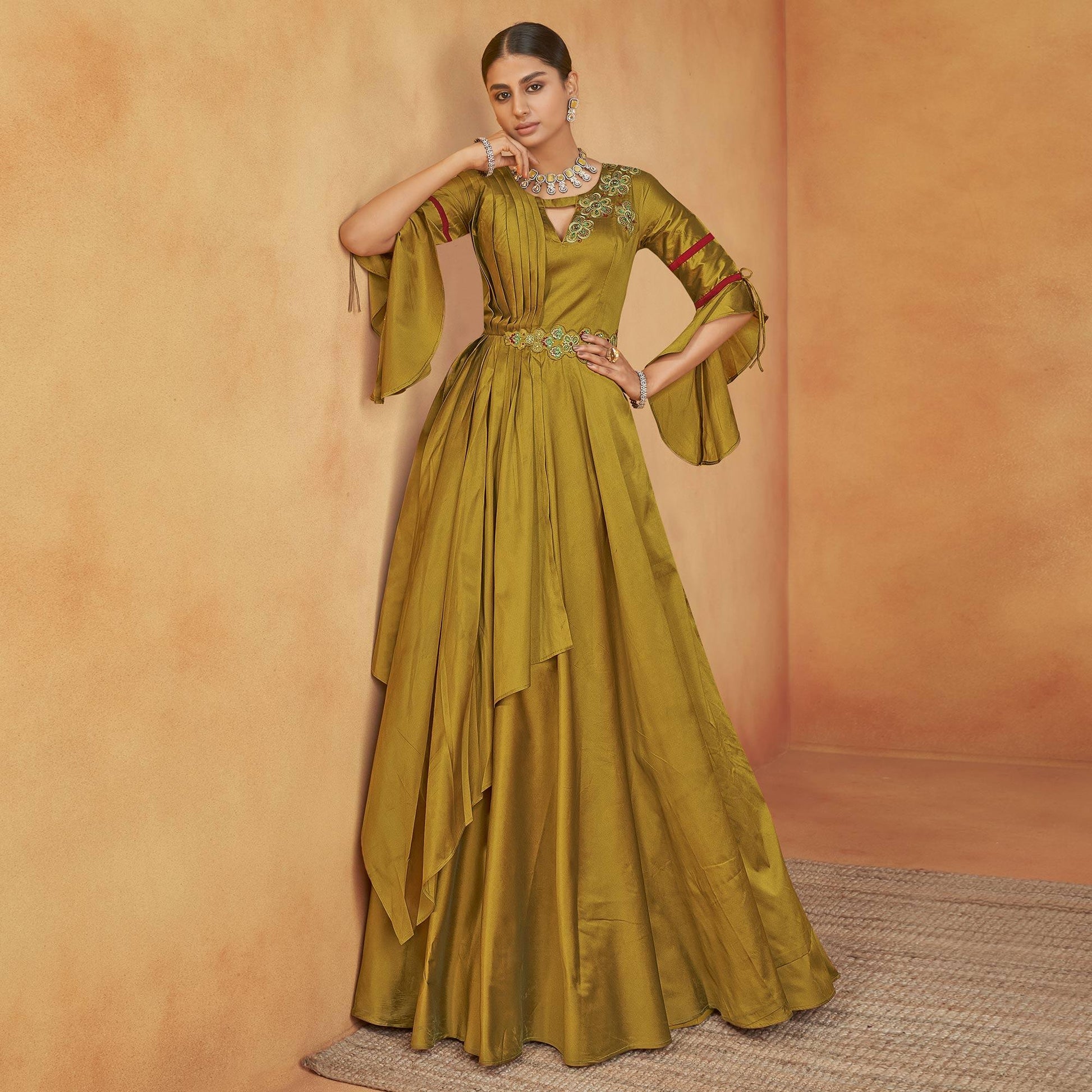 Mehendi Green Party Wear Embroidered Tapetta Gown
