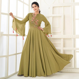 Mehendi Green Partywear Embroidered Heavy Georgette Gown