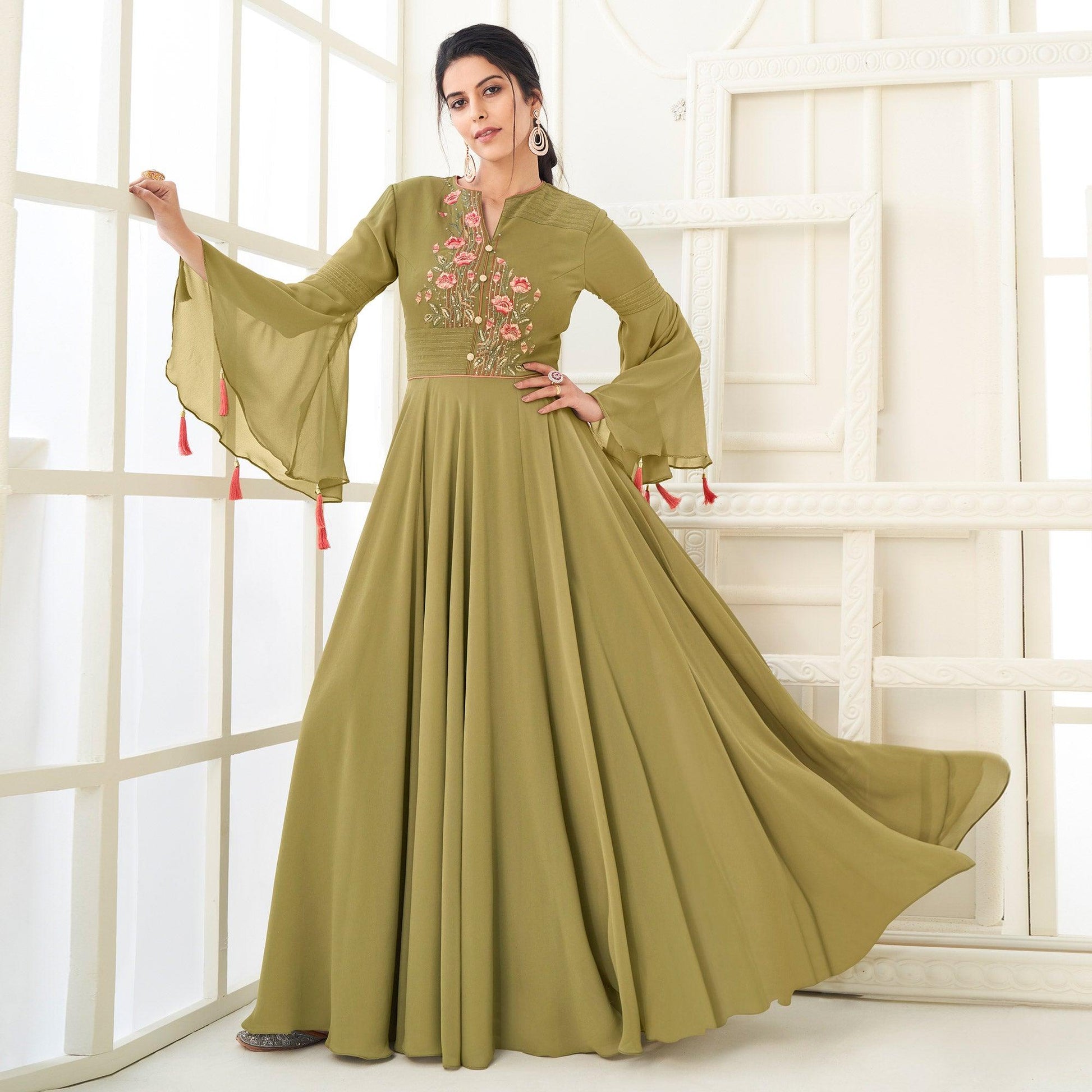 Mehendi Green Partywear Embroidered Heavy Georgette Gown