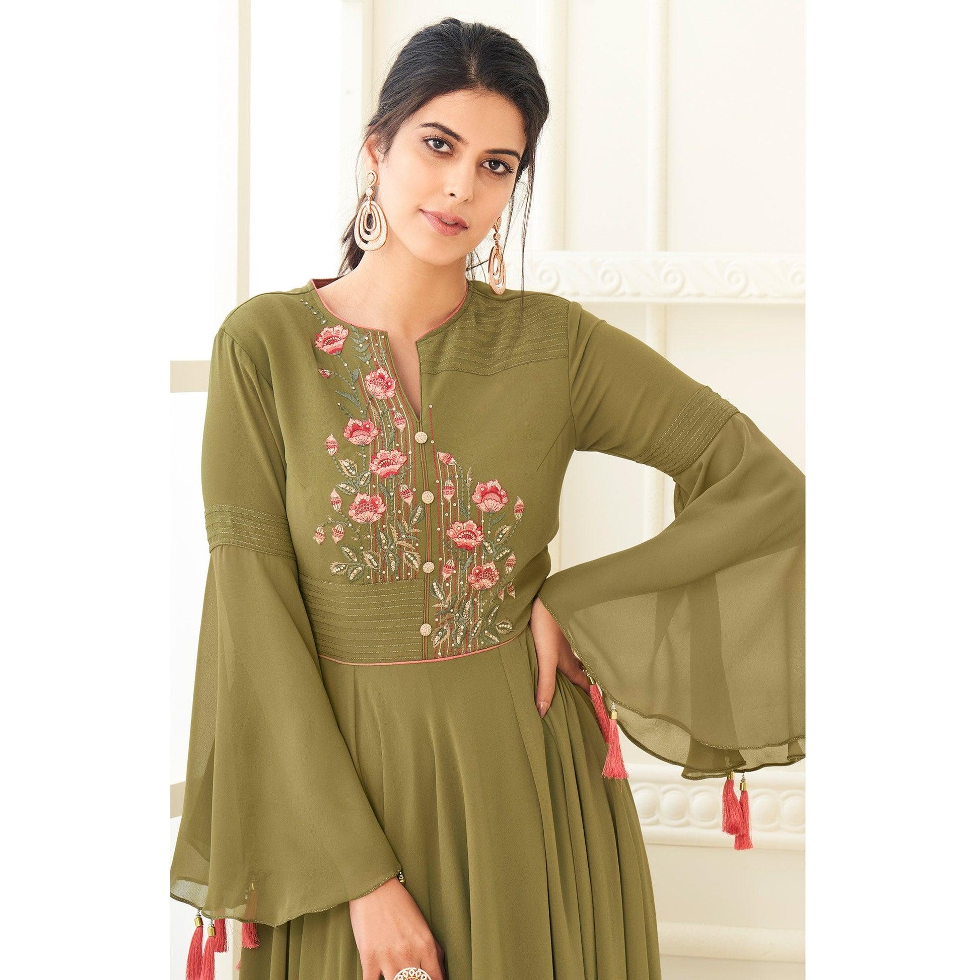 Mehendi Green Partywear Embroidered Heavy Georgette Gown