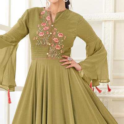 Mehendi Green Partywear Embroidered Heavy Georgette Gown