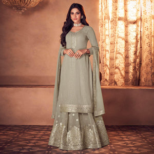 Mehendi Green Partywear Embroidered Real Georgette Top Skirt Set