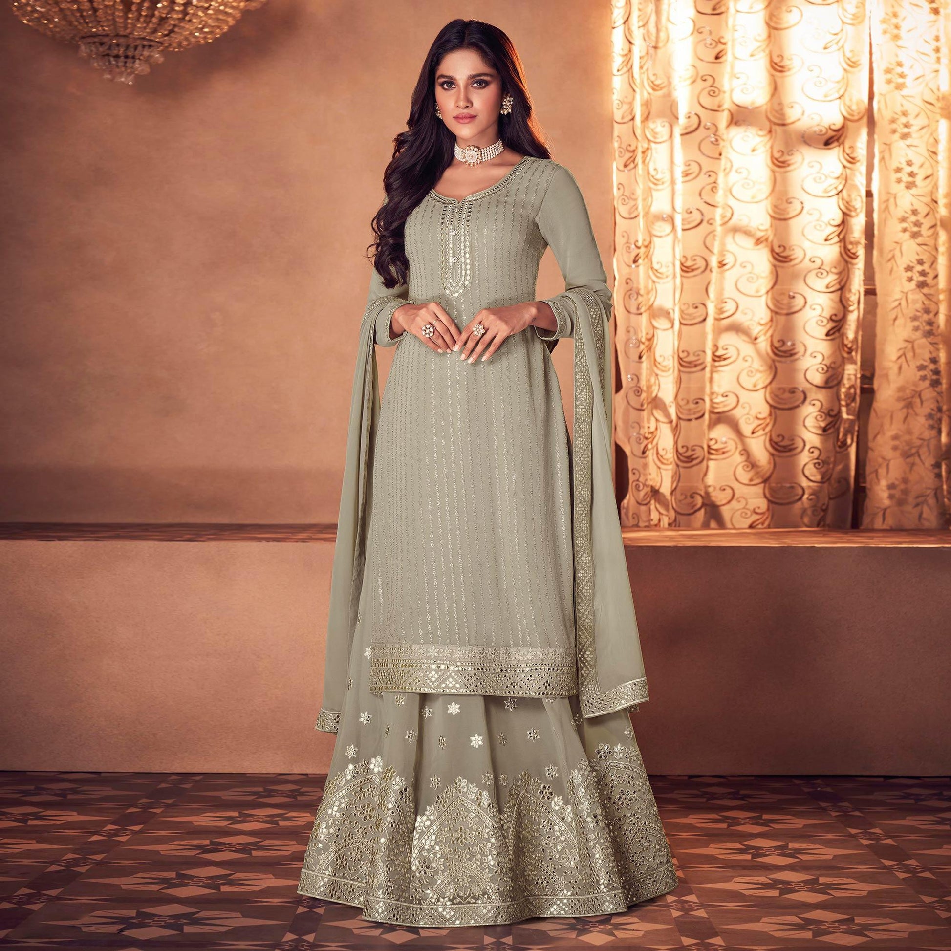 Mehendi Green Partywear Embroidered Real Georgette Top Skirt Set
