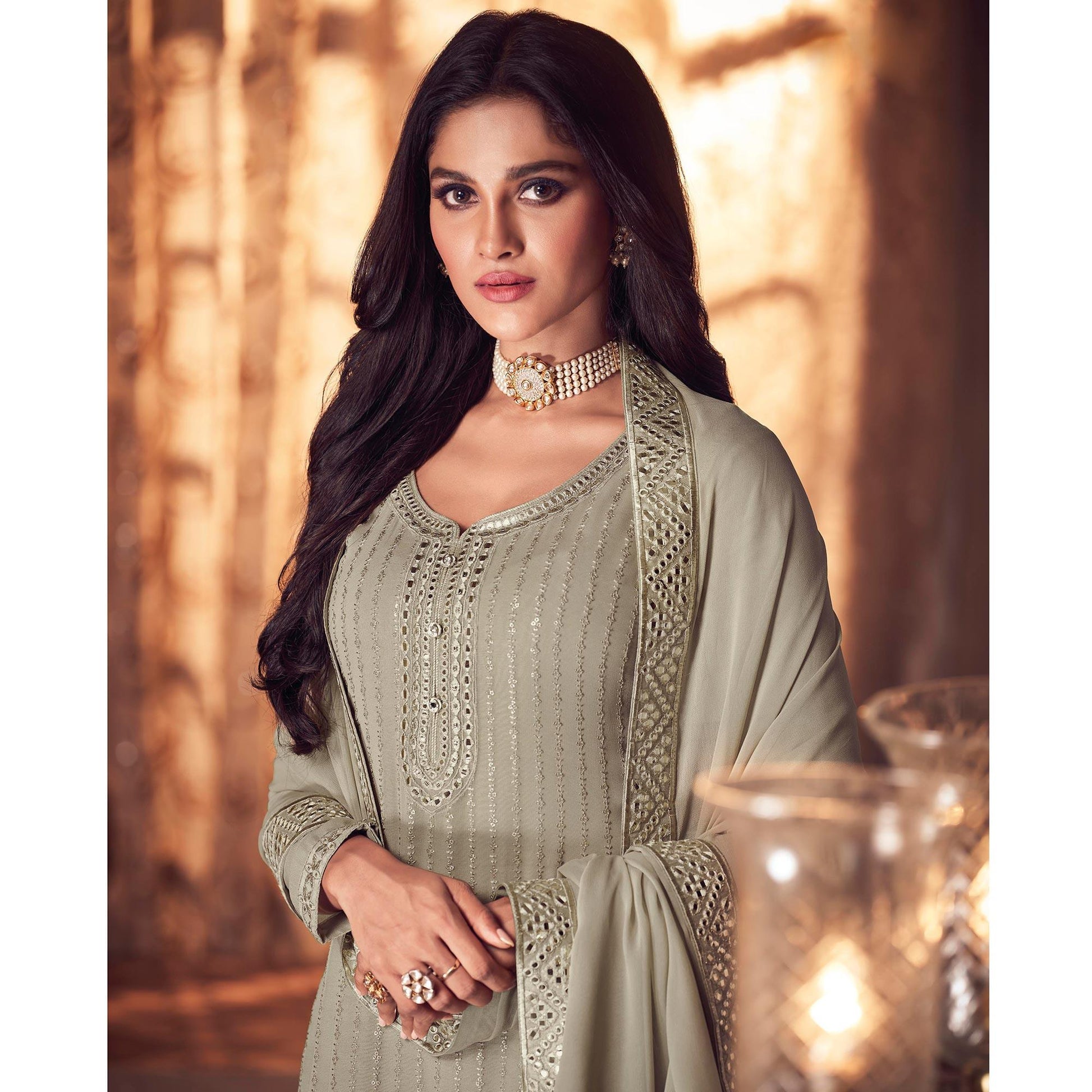 Mehendi Green Partywear Embroidered Real Georgette Top Skirt Set
