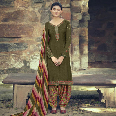 Mehendi Green Partywear Embroidered Royal French Crepe Patiala Suit