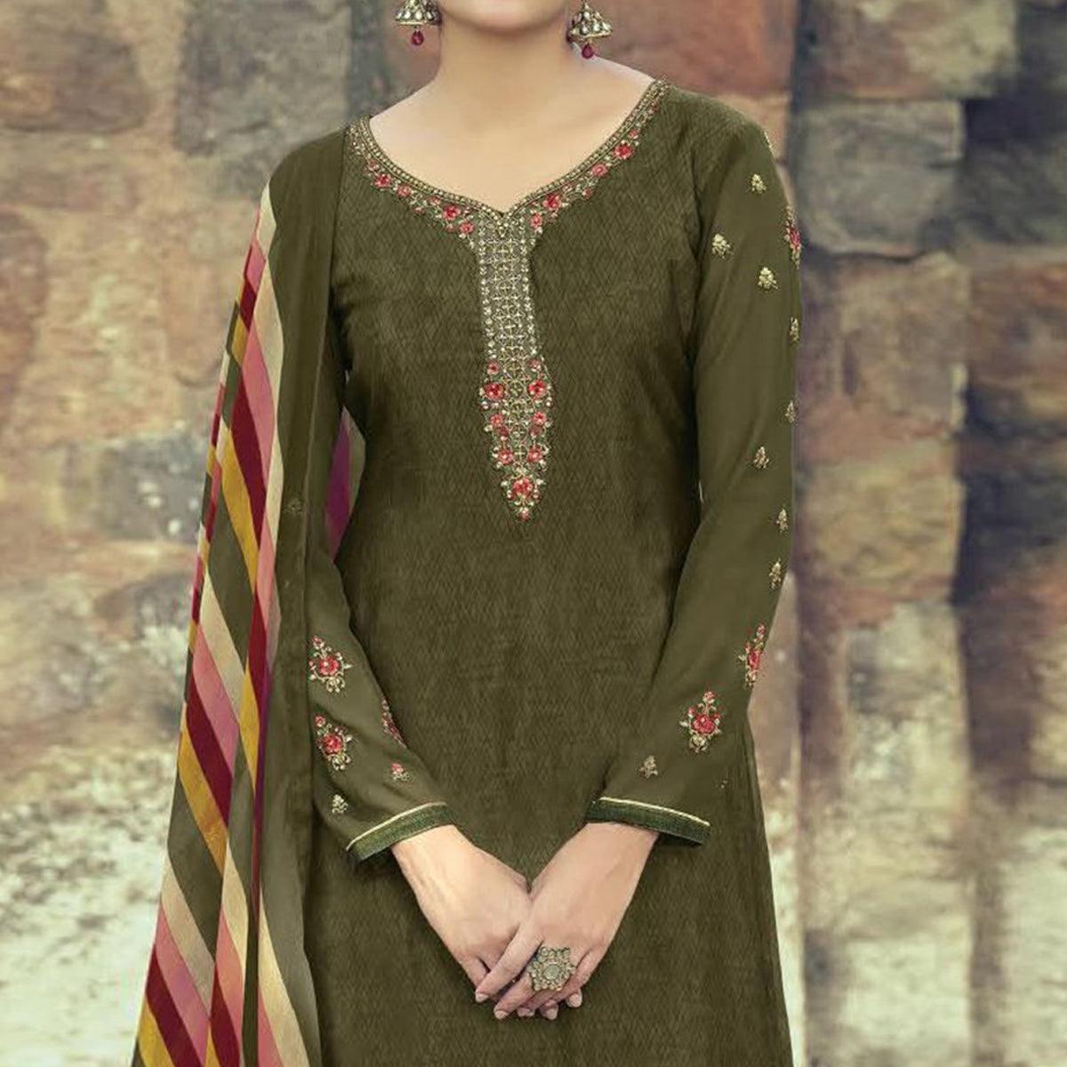 Mehendi Green Partywear Embroidered Royal French Crepe Patiala Suit