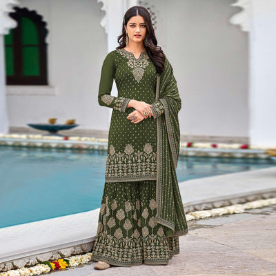 Mehendi Green Partywear Embroidery With Sequins Heavy Faux Georgette Salwar Suit