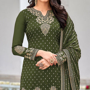 Mehendi Green Partywear Embroidery With Sequins Heavy Faux Georgette Salwar Suit