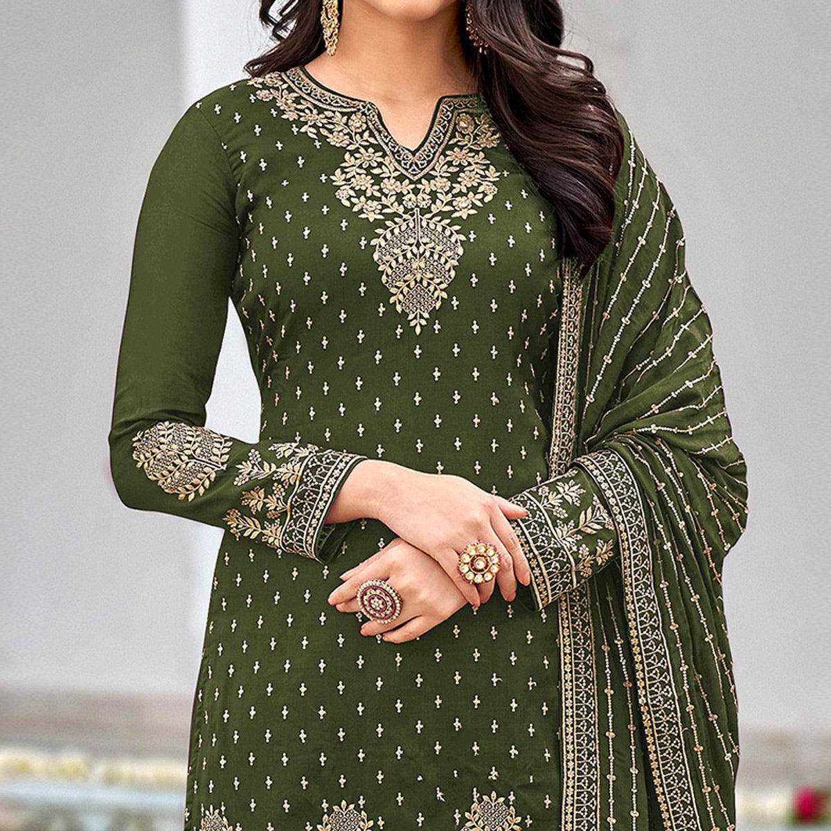 Mehendi Green Partywear Embroidery With Sequins Heavy Faux Georgette Salwar Suit