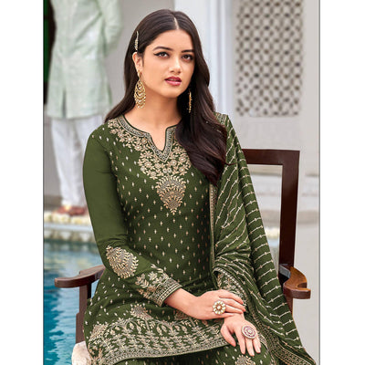 Mehendi Green Partywear Embroidery With Sequins Heavy Faux Georgette Salwar Suit