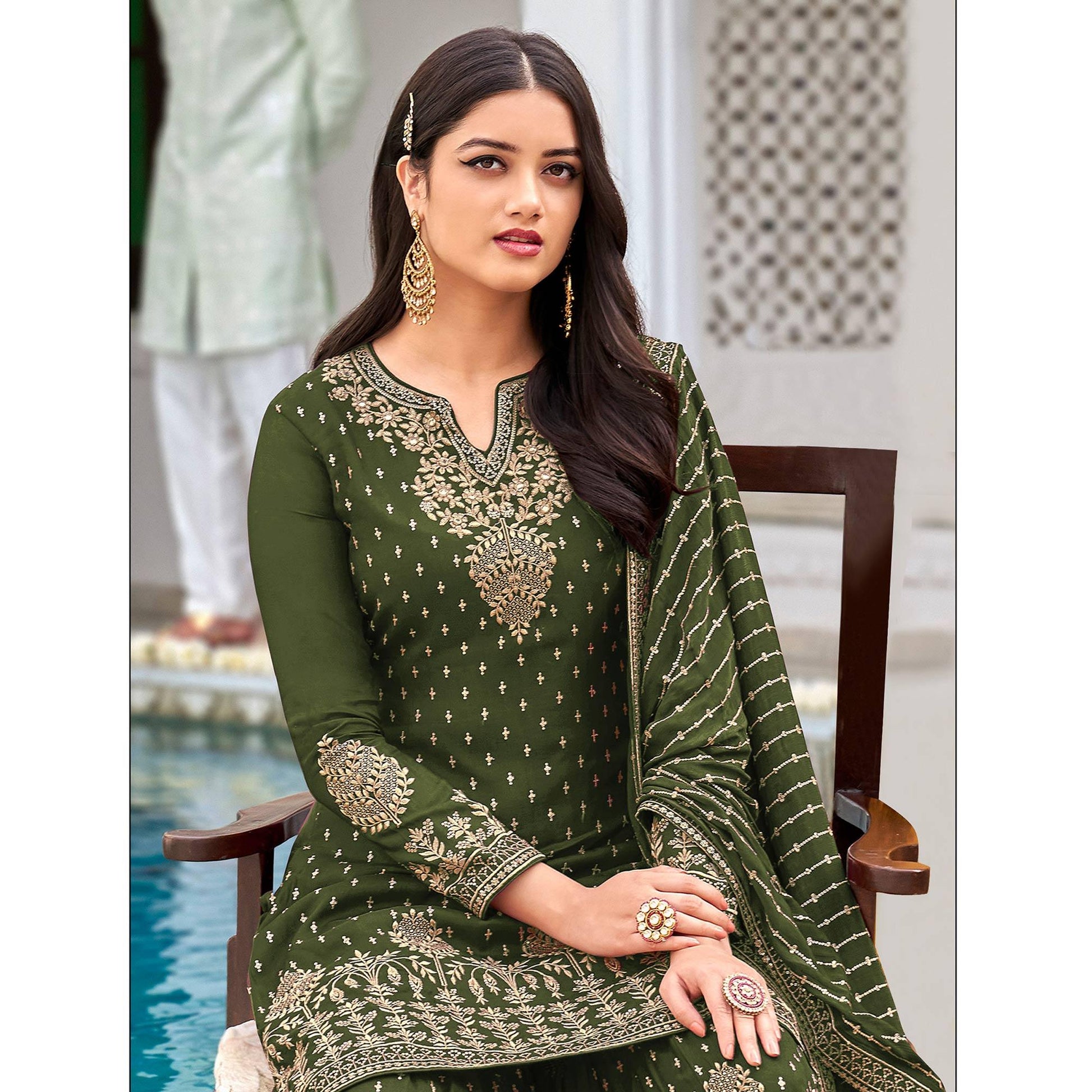 Mehendi Green Partywear Embroidery With Sequins Heavy Faux Georgette Salwar Suit