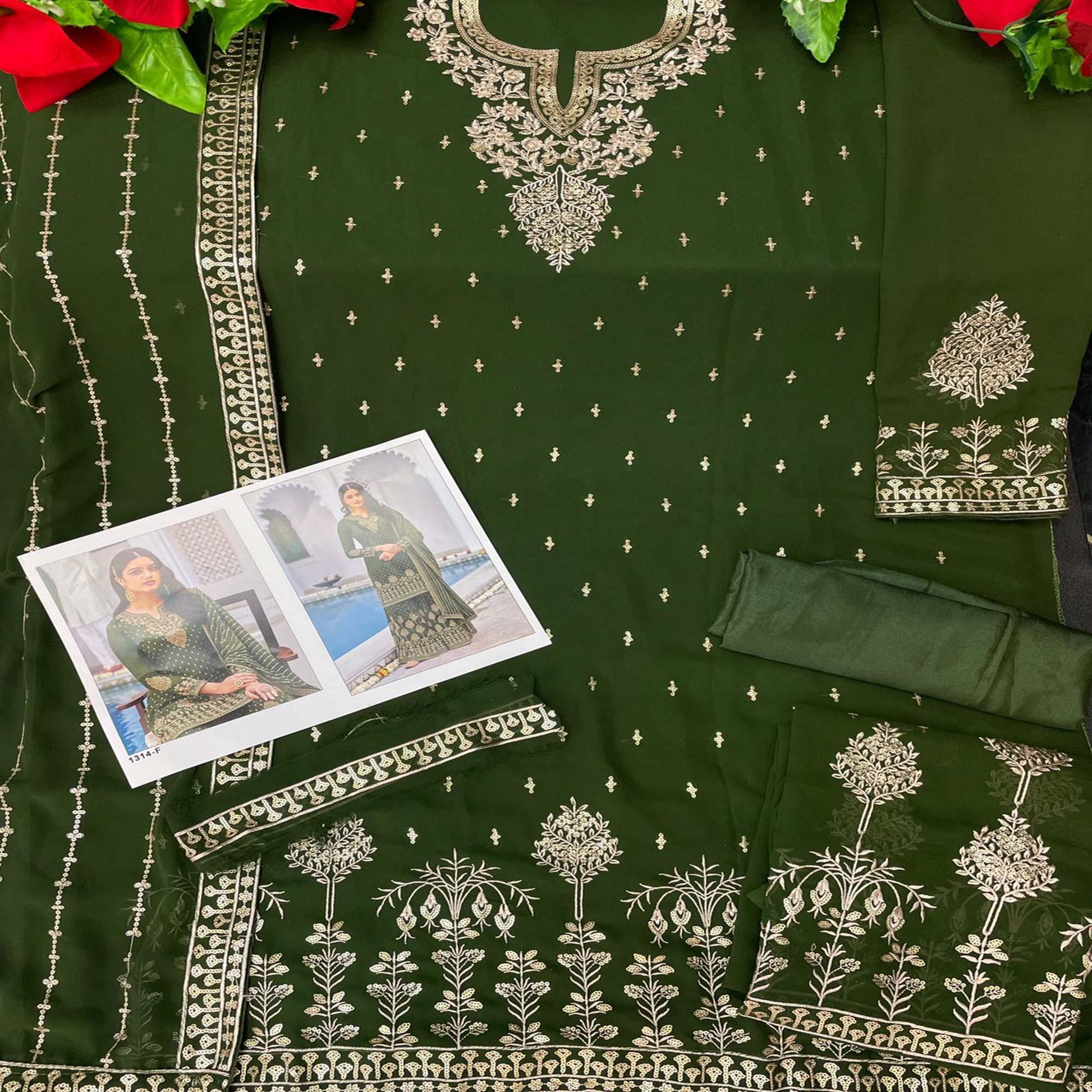 Mehendi Green Partywear Embroidery With Sequins Heavy Faux Georgette Salwar Suit