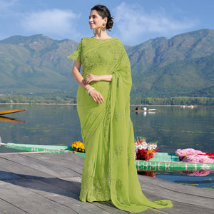 Mehendi Green Partywear Floral Embroidered Chiffon Saree