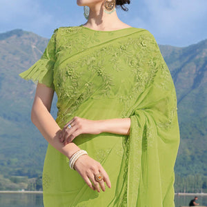 Mehendi Green Partywear Floral Embroidered Chiffon Saree