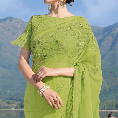 Mehendi Green Partywear Floral Embroidered Chiffon Saree