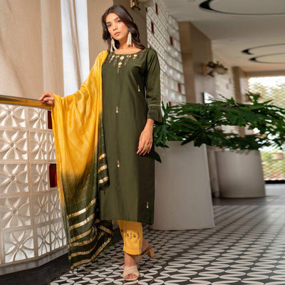 Mehendi Green Partywear Floral Embroidered Georgette Suit