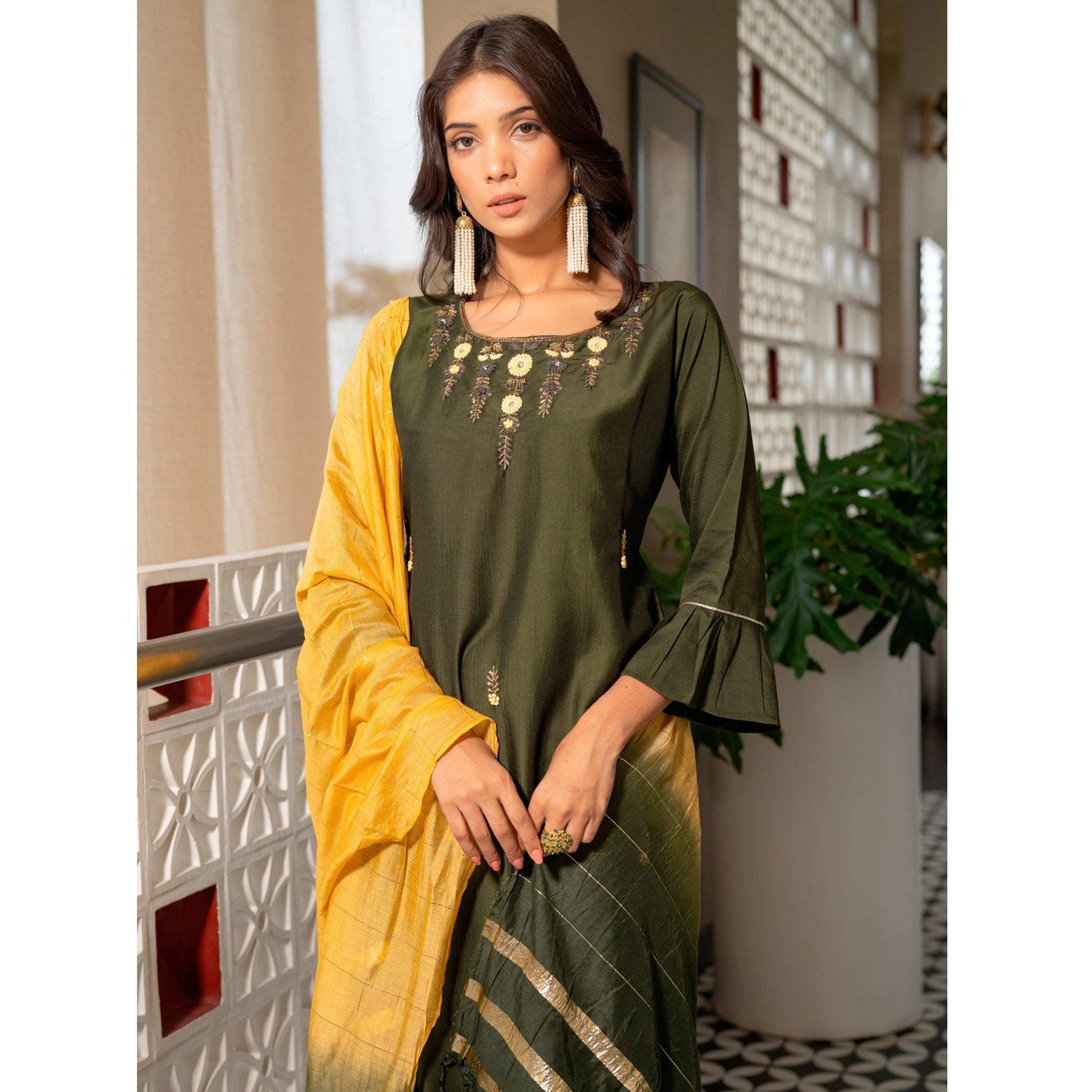 Mehendi Green Partywear Floral Embroidered Georgette Suit
