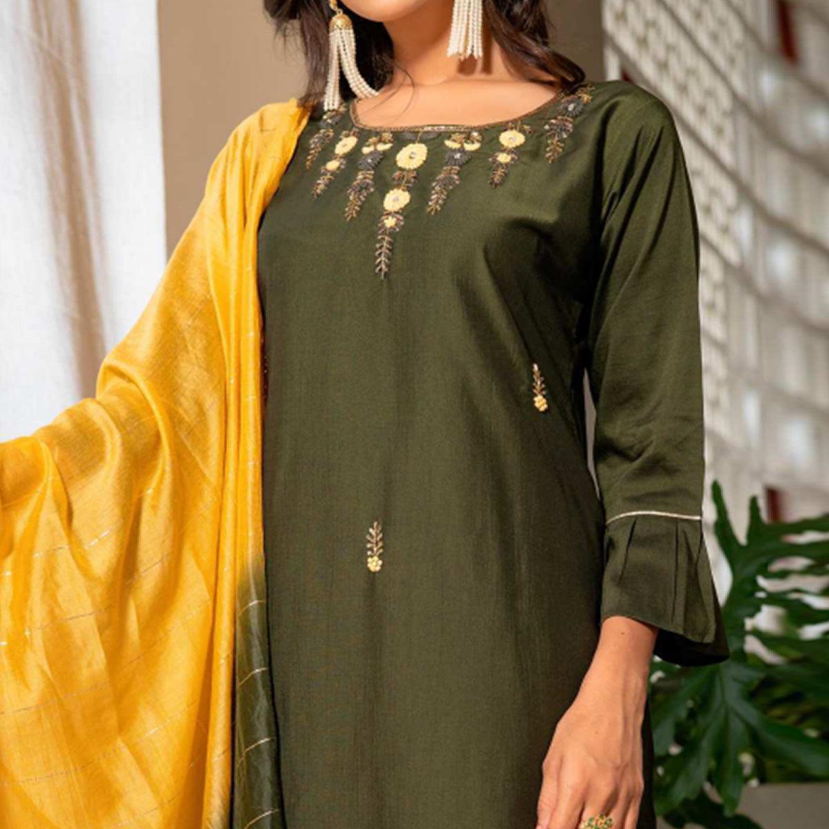Mehendi Green Partywear Floral Embroidered Georgette Suit