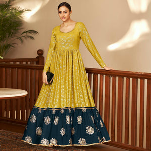 Mehendi Green Partywear Metallic Foil Work Georgette Gown