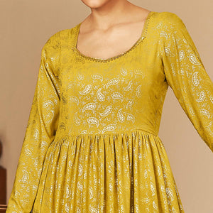 Mehendi Green Partywear Metallic Foil Work Georgette Gown