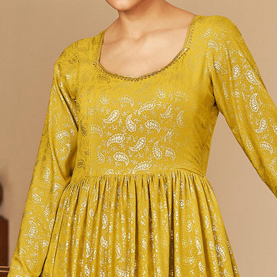 Mehendi Green Partywear Metallic Foil Work Georgette Gown