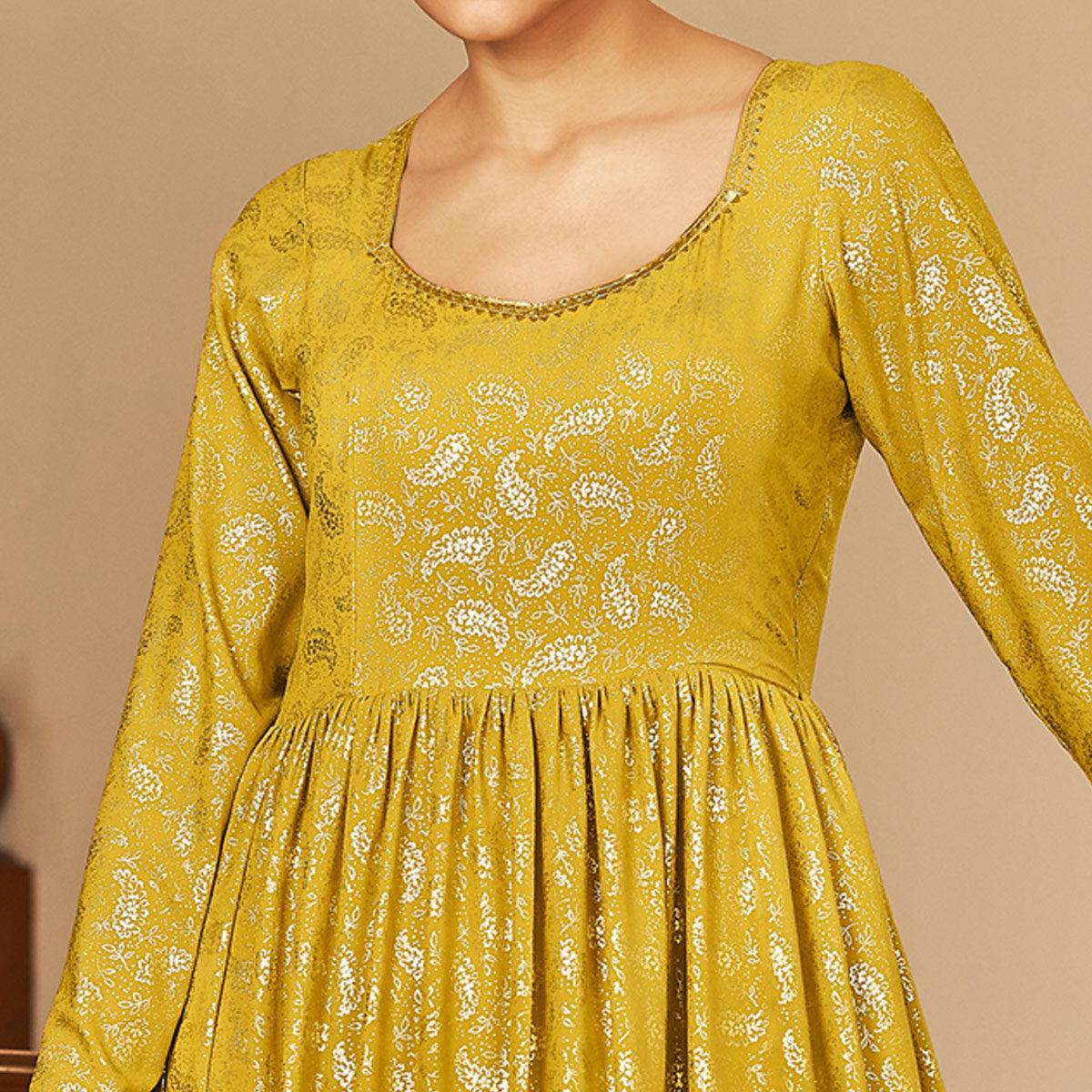 Mehendi Green Partywear Metallic Foil Work Georgette Gown