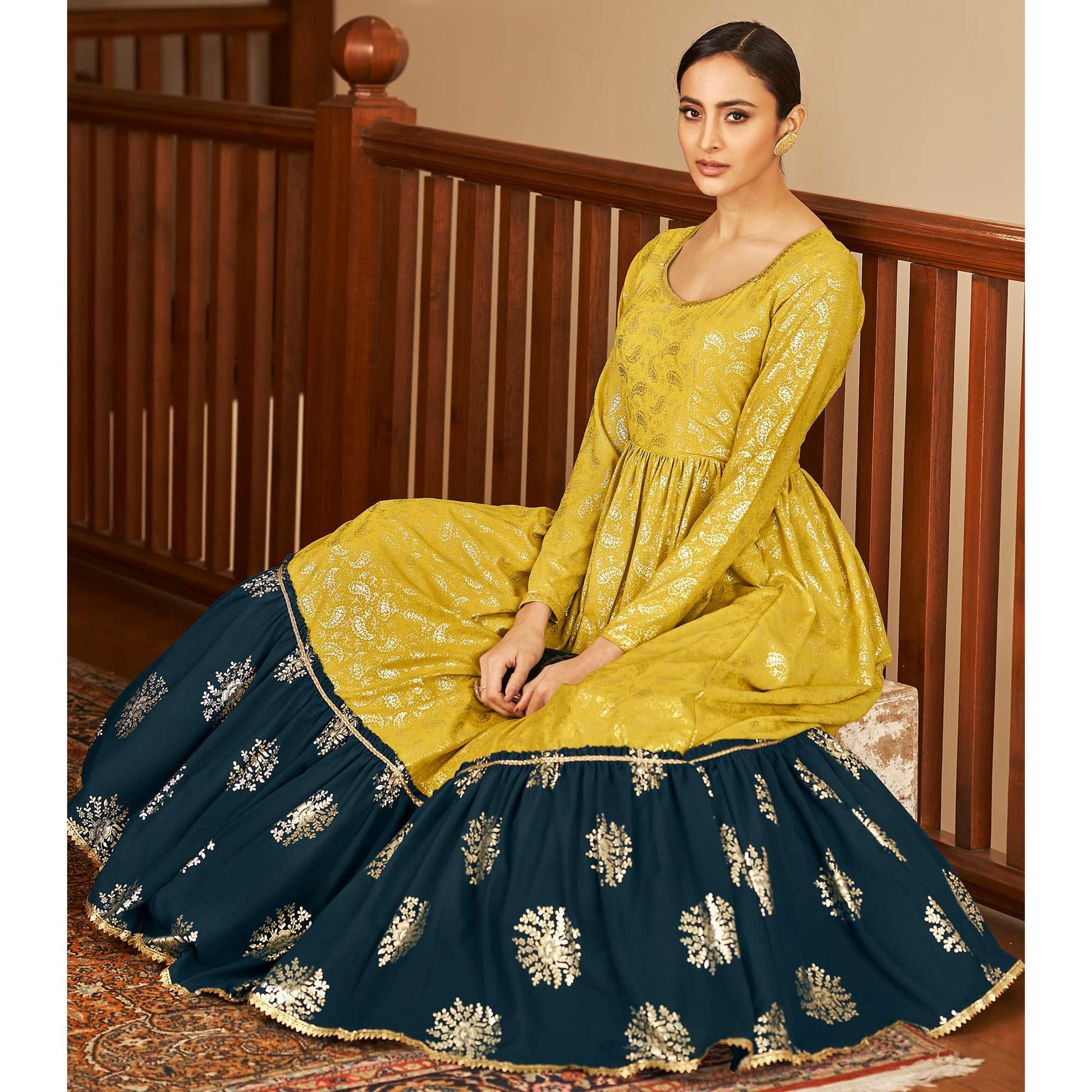 Mehendi Green Partywear Metallic Foil Work Georgette Gown