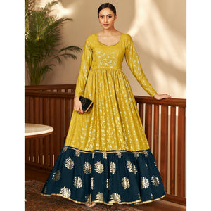Mehendi Green Partywear Metallic Foil Work Georgette Gown