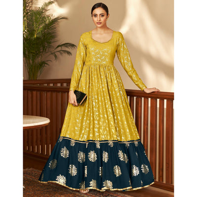 Mehendi Green Partywear Metallic Foil Work Georgette Gown