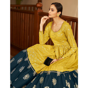 Mehendi Green Partywear Metallic Foil Work Georgette Gown